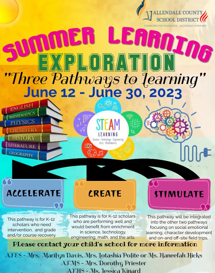 Summer Learning Exploration Flyer June 12-30 Accelerate Create and Stimulate more information coming soon survey