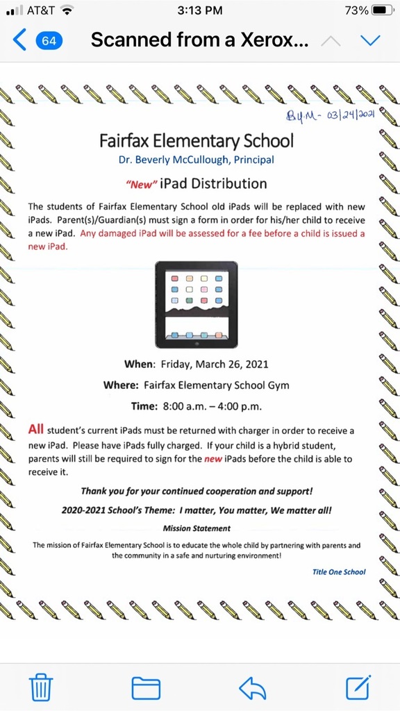 F.E.S  issues iPads on Friday, March 26-8:00  a.m. - 4:00 p.m. - 