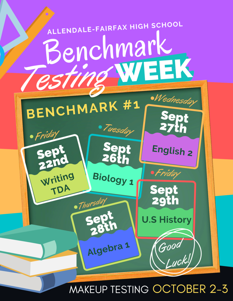 Allendale-Fairfax High School Benchmark Testing Week Benchmark #1 Friday September 22nd Writing TDA Tuesday Sept 26th Biology 1 Wednesday Sept 27th English 2 Thursday Sept 28th Algebra 1 Friday Sept 29th U.S History Good luck makeup testing october 2-3