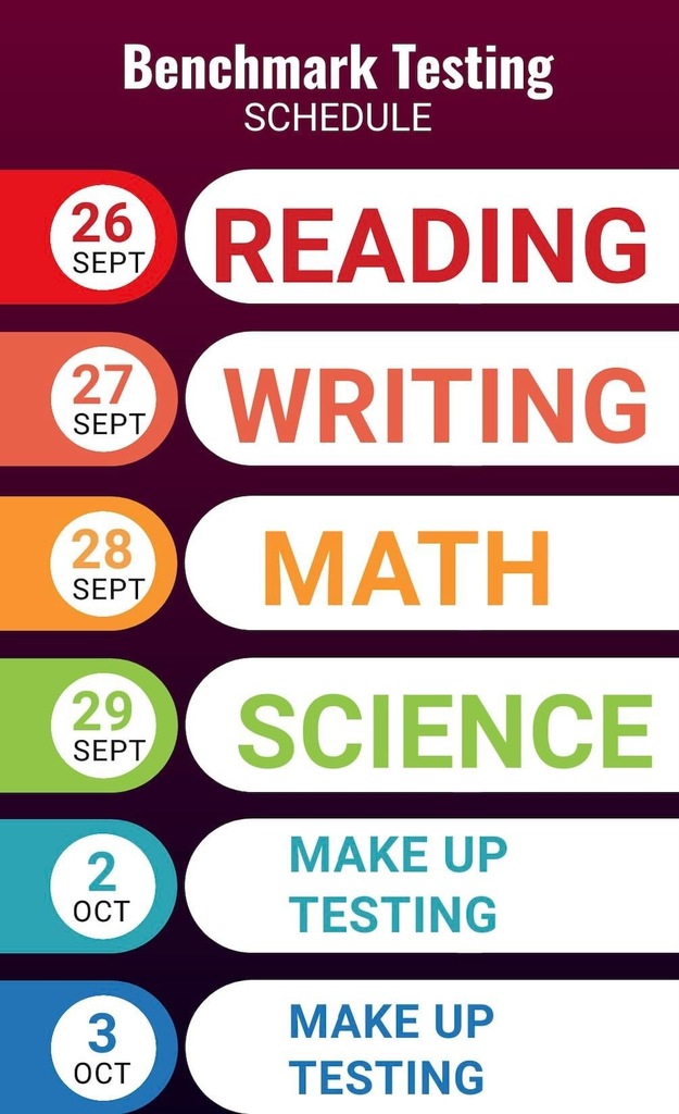 Benchmark Testing Schedule 26 Sept Reading 27 Sept Writing 28 Sept Math 29 Sept Science 2 Oct Make Up Testing 3 Oct Make Up Testing